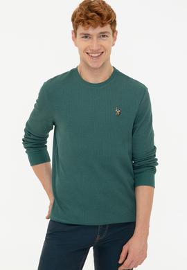 Erkek Koyu Yeşil Bisiklet Yaka Sweatshirt - 50236865007