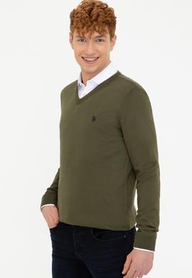 Erkek Haki V - Yaka Triko Kazak Basic - 50237037035