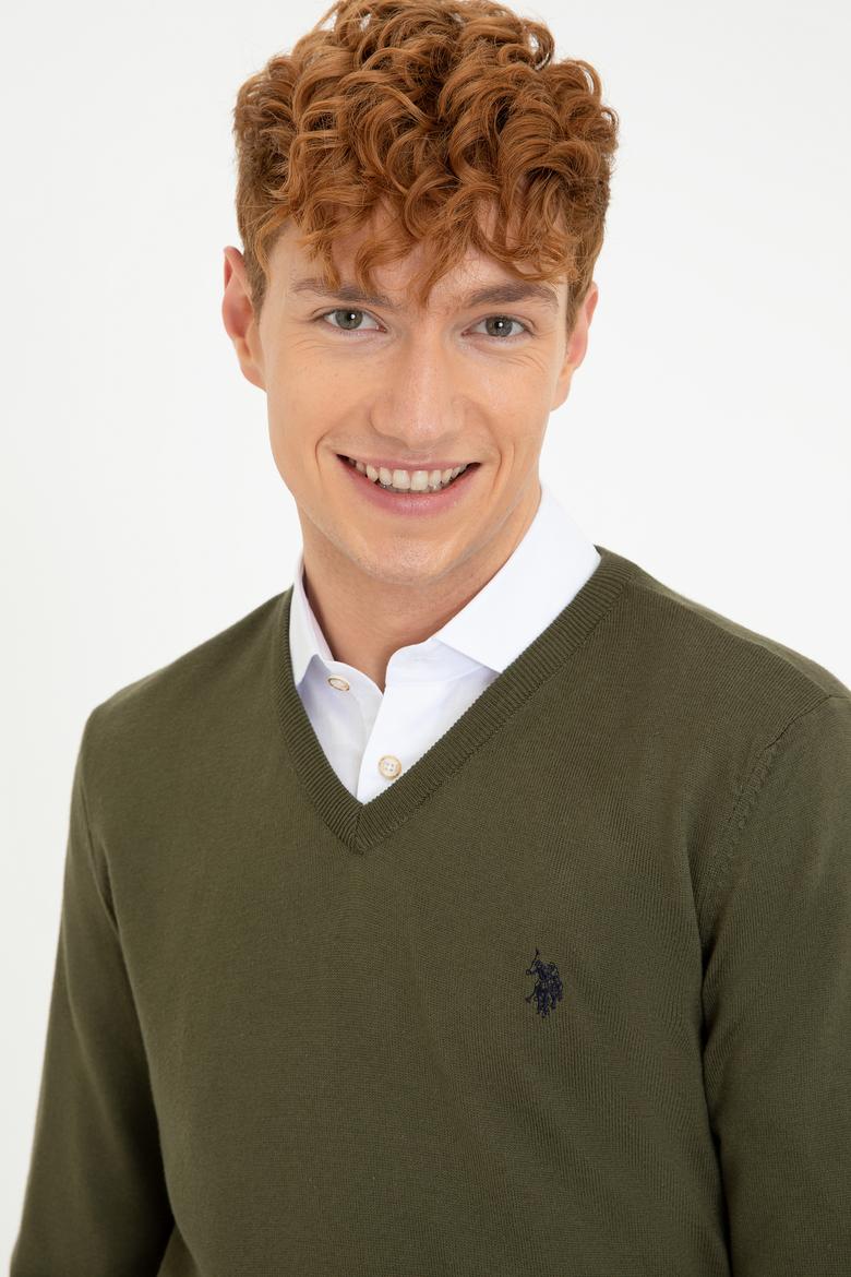 Erkek Haki V - Yaka Triko Kazak Basic - 50237037035