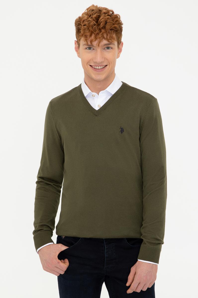 Erkek Haki V - Yaka Triko Kazak Basic