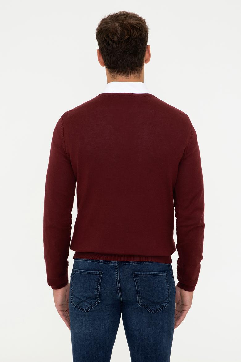 Erkek Bordo V - Yaka Triko Kazak Basic - 50237037044