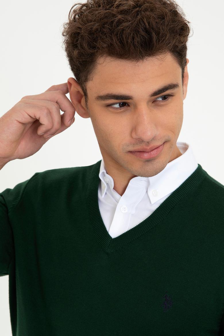 Erkek Yeşil V - Yaka Triko Kazak Basic - 50237037071