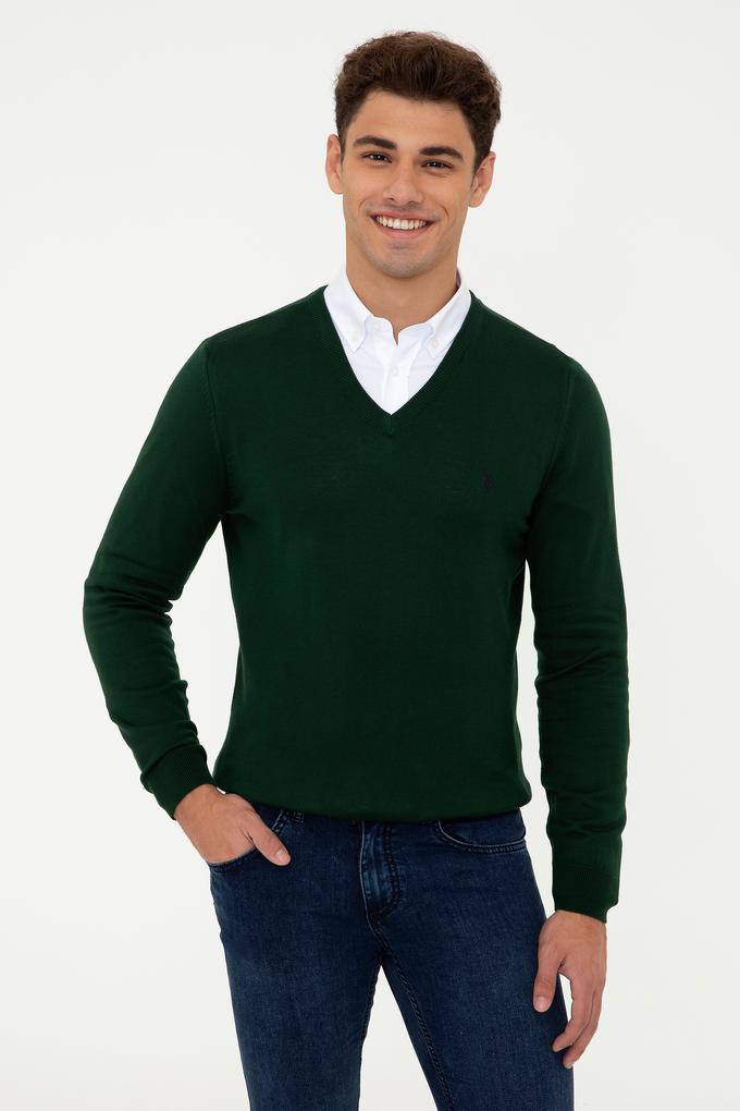 Erkek Yeşil V - Yaka Triko Kazak Basic