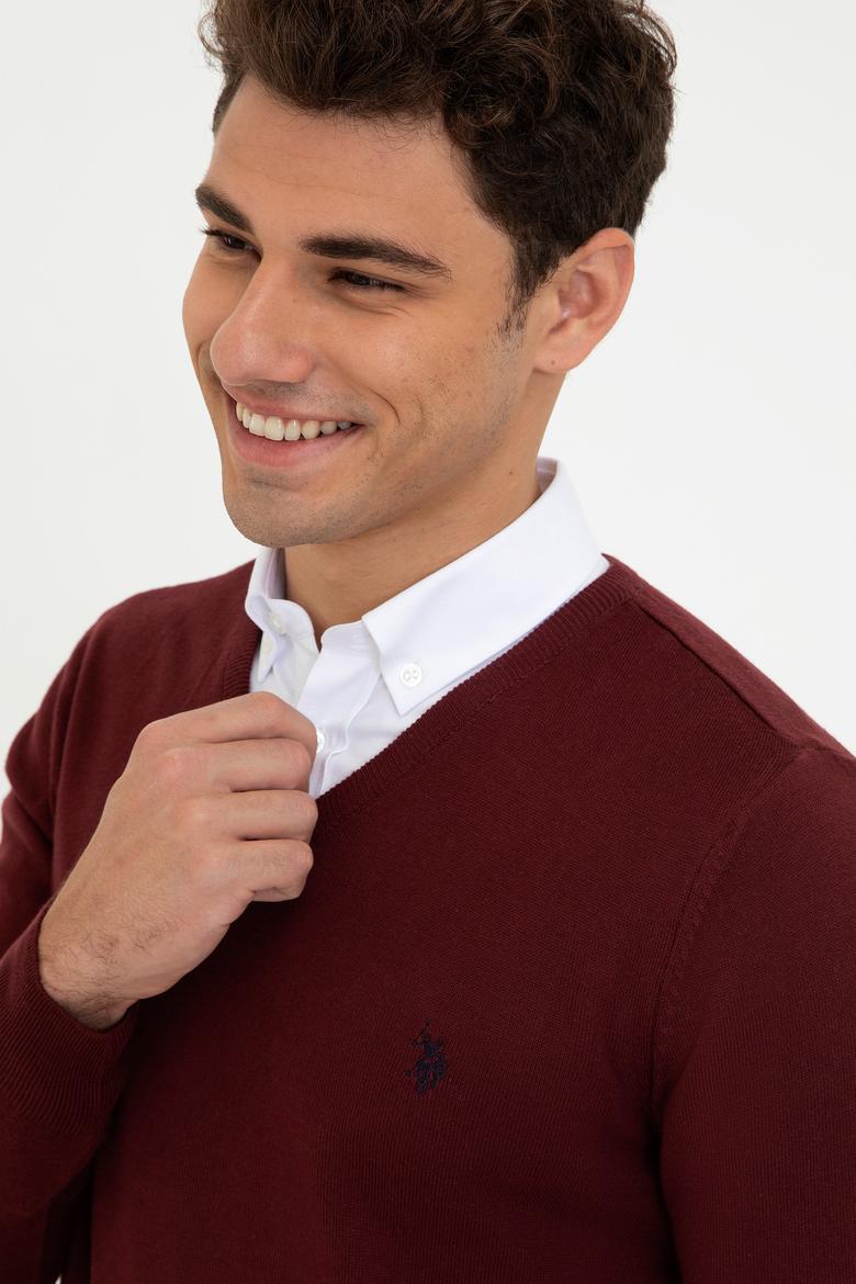 Erkek Bordo V - Yaka Triko Kazak Basic - 50237037044