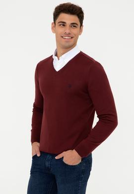 Erkek Bordo V - Yaka Triko Kazak Basic - 50237037044