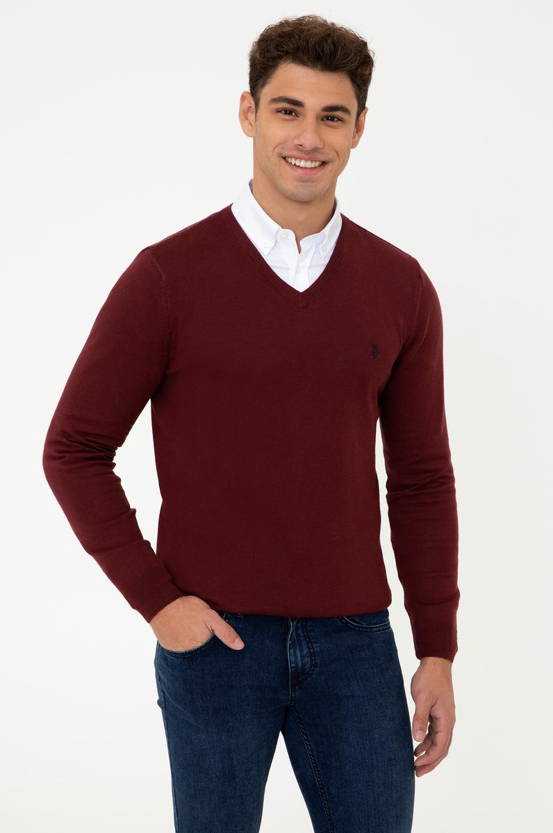 Erkek Bordo V - Yaka Triko Kazak Basic