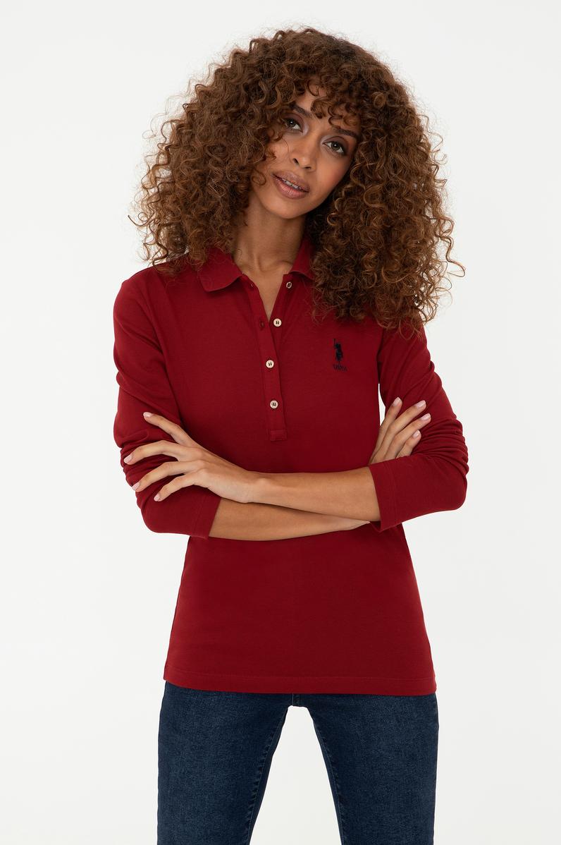 Kadın Kırmızı Basic Polo Yaka Sweatshirt