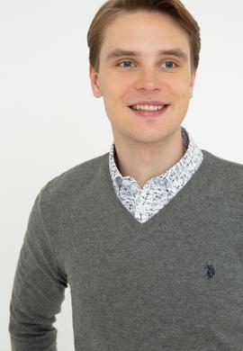 Erkek Gri Melanj V - Yaka Triko Kazak Basic - 50237037017