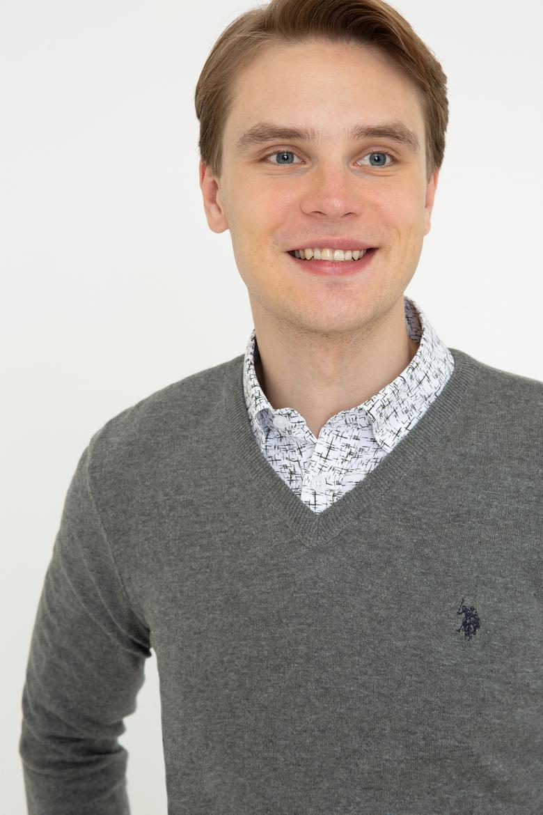 Erkek Gri Melanj V - Yaka Triko Kazak Basic - 50237037017