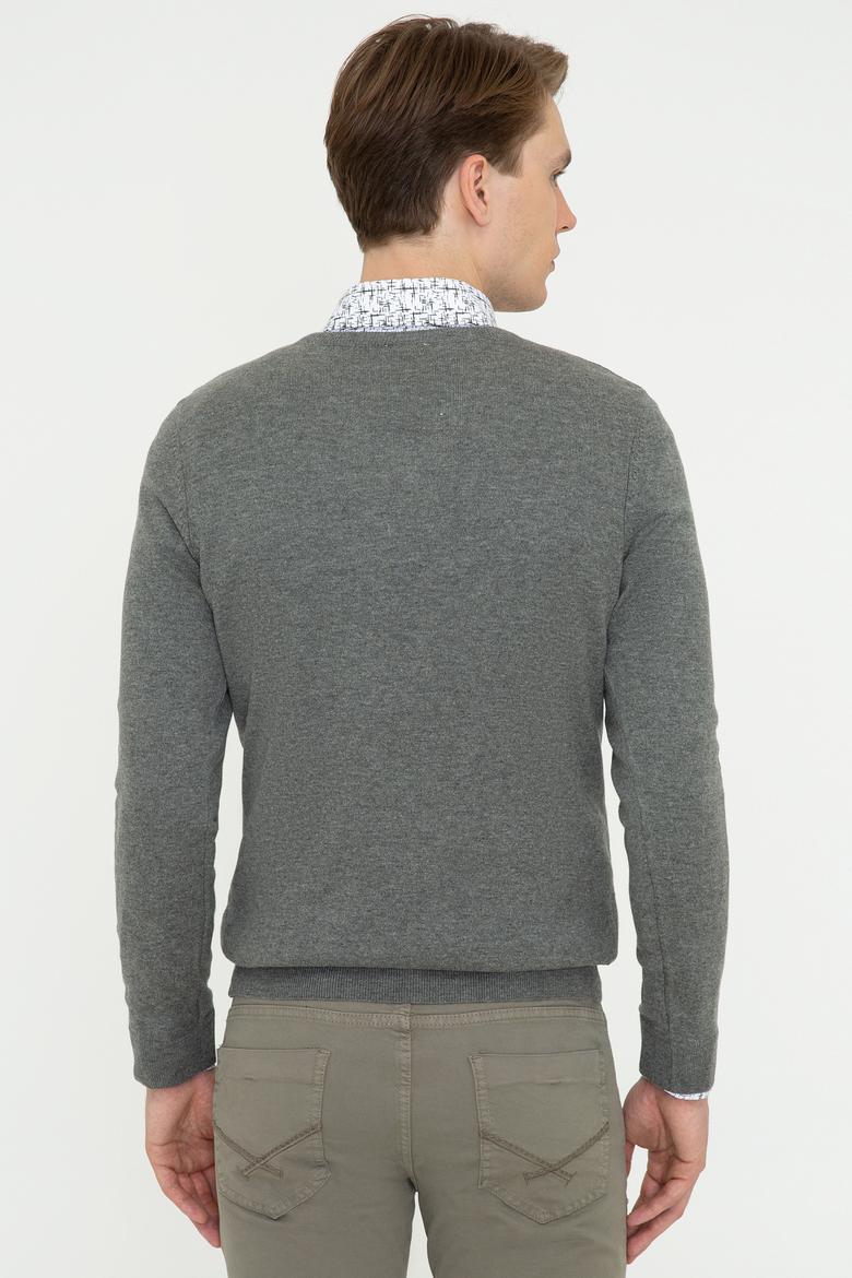 Erkek Gri Melanj V - Yaka Triko Kazak Basic - 50237037017