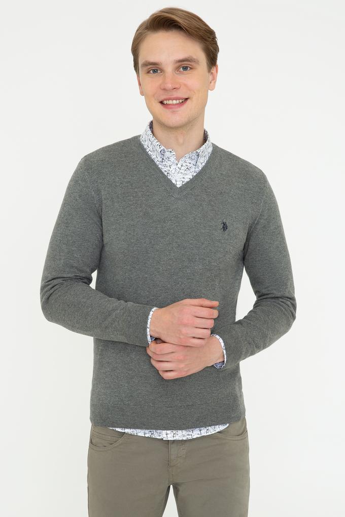 Erkek Gri Melanj V - Yaka Triko Kazak Basic