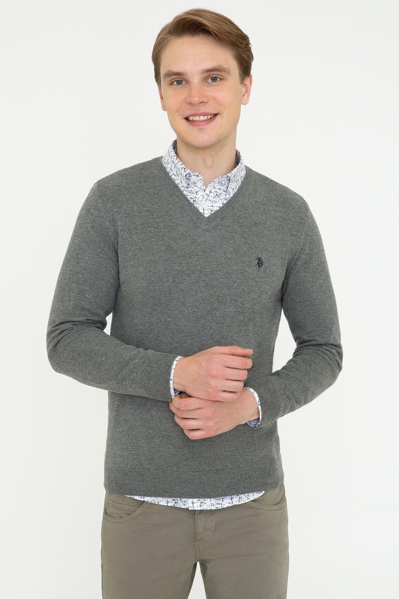 Erkek Gri Melanj V - Yaka Triko Kazak Basic