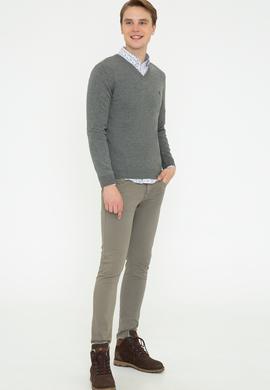 Erkek Gri Melanj V - Yaka Triko Kazak Basic - 50237037017