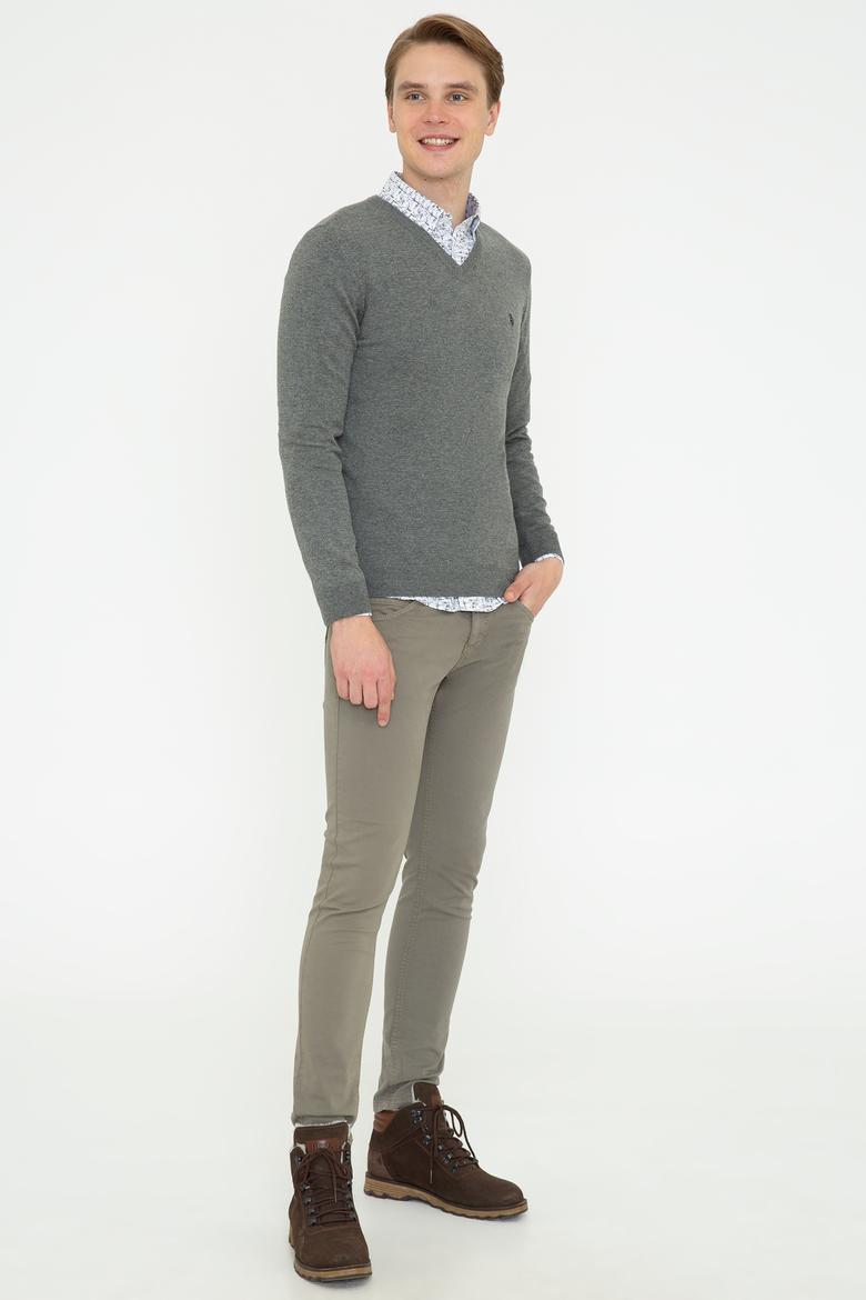 Erkek Gri Melanj V - Yaka Triko Kazak Basic - 50237037017