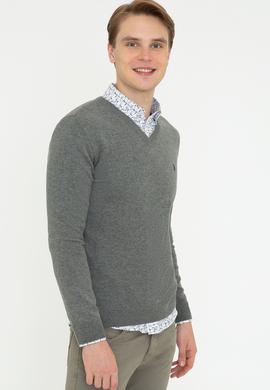 Erkek Gri Melanj V - Yaka Triko Kazak Basic - 50237037017