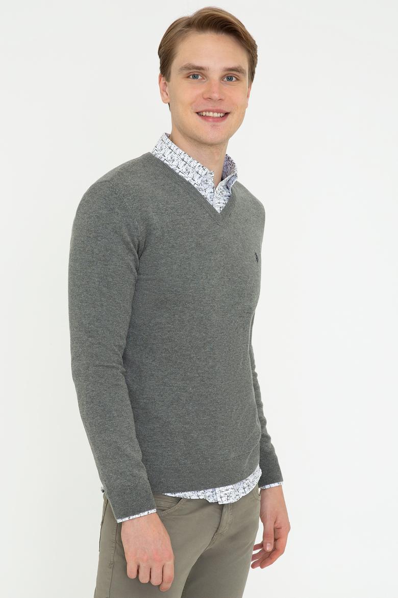 Erkek Gri Melanj V - Yaka Triko Kazak Basic - 50237037017