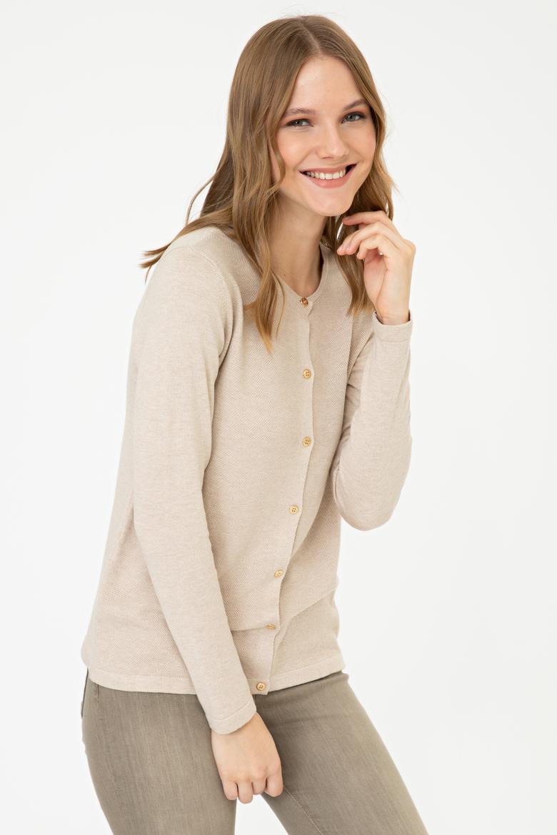 Kadın Bej Melanj Basic Triko Hırka - 50237069063