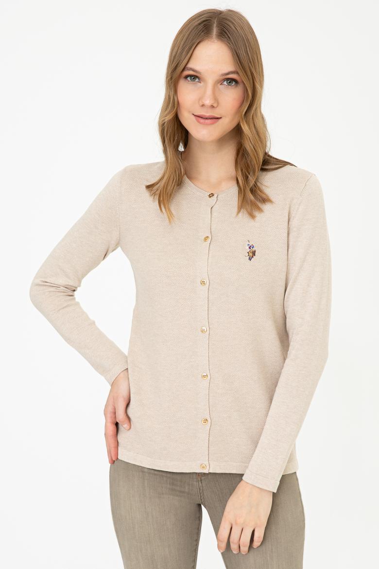 Kadın Bej Melanj Basic Triko Hırka