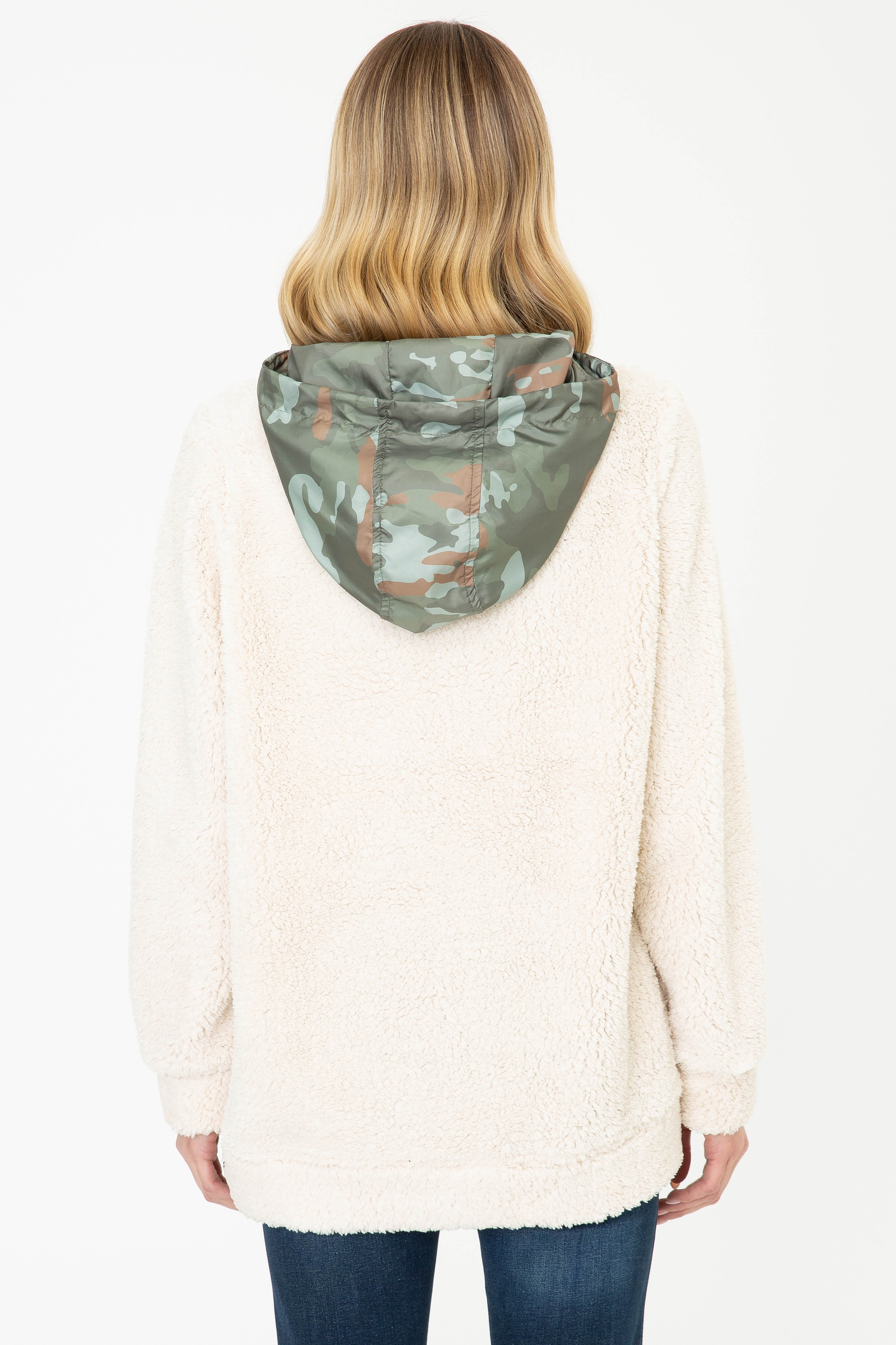 Kadın Krem Kapüşonlu Sweatshirt - Image 4