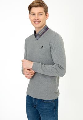 Erkek Gri Melanj V - Yaka Triko Kazak Basic - 50236962026