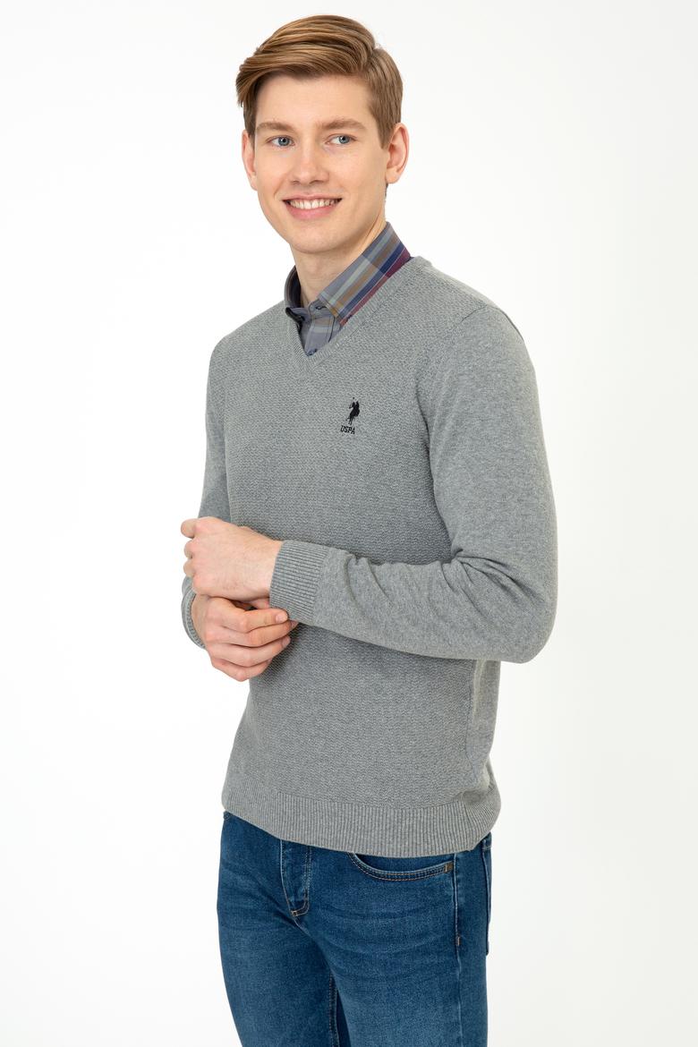 Erkek Gri Melanj V - Yaka Triko Kazak Basic - 50236962026