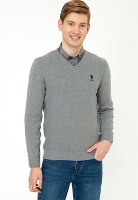 Erkek Gri Melanj V - Yaka Triko Kazak Basic - 50236962026