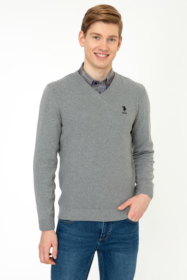 Erkek Gri Melanj V - Yaka Triko Kazak Basic