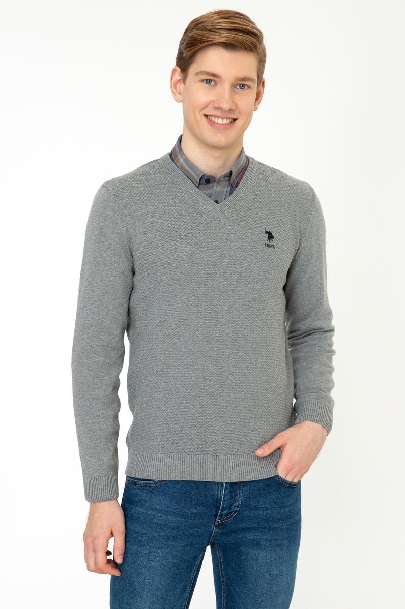 Erkek Gri Melanj V - Yaka Triko Kazak Basic