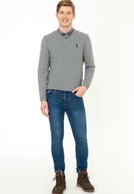 Erkek Gri Melanj V - Yaka Triko Kazak Basic - 50236962026