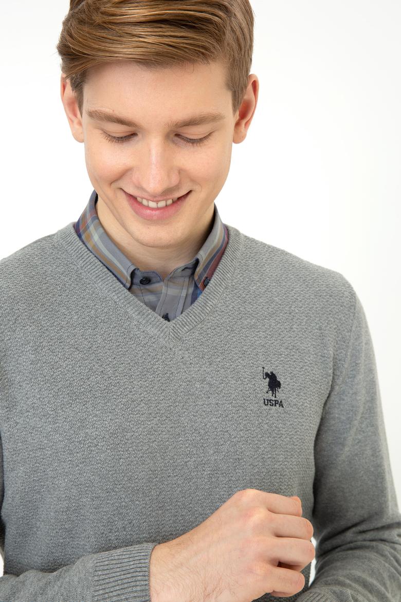 Erkek Gri Melanj V - Yaka Triko Kazak Basic - 50236962026