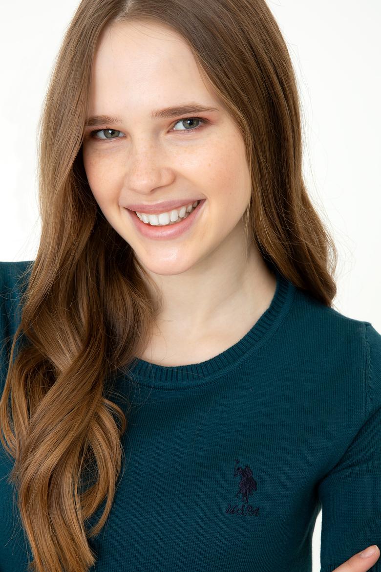 Kadın Petrol Yeşili Kısa Kollu Triko Kazak - 50252850020