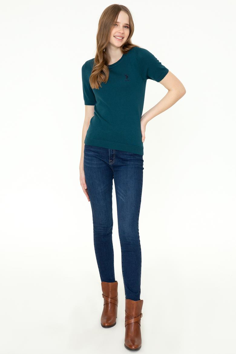 Kadın Petrol Yeşili Kısa Kollu Triko Kazak - 50252850020