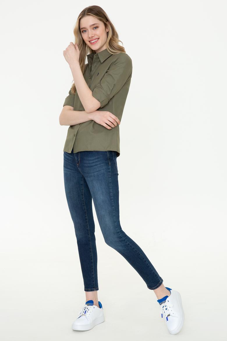 Kadın Koyu Haki Uzun Kollu Basic Gömlek - 50253658068