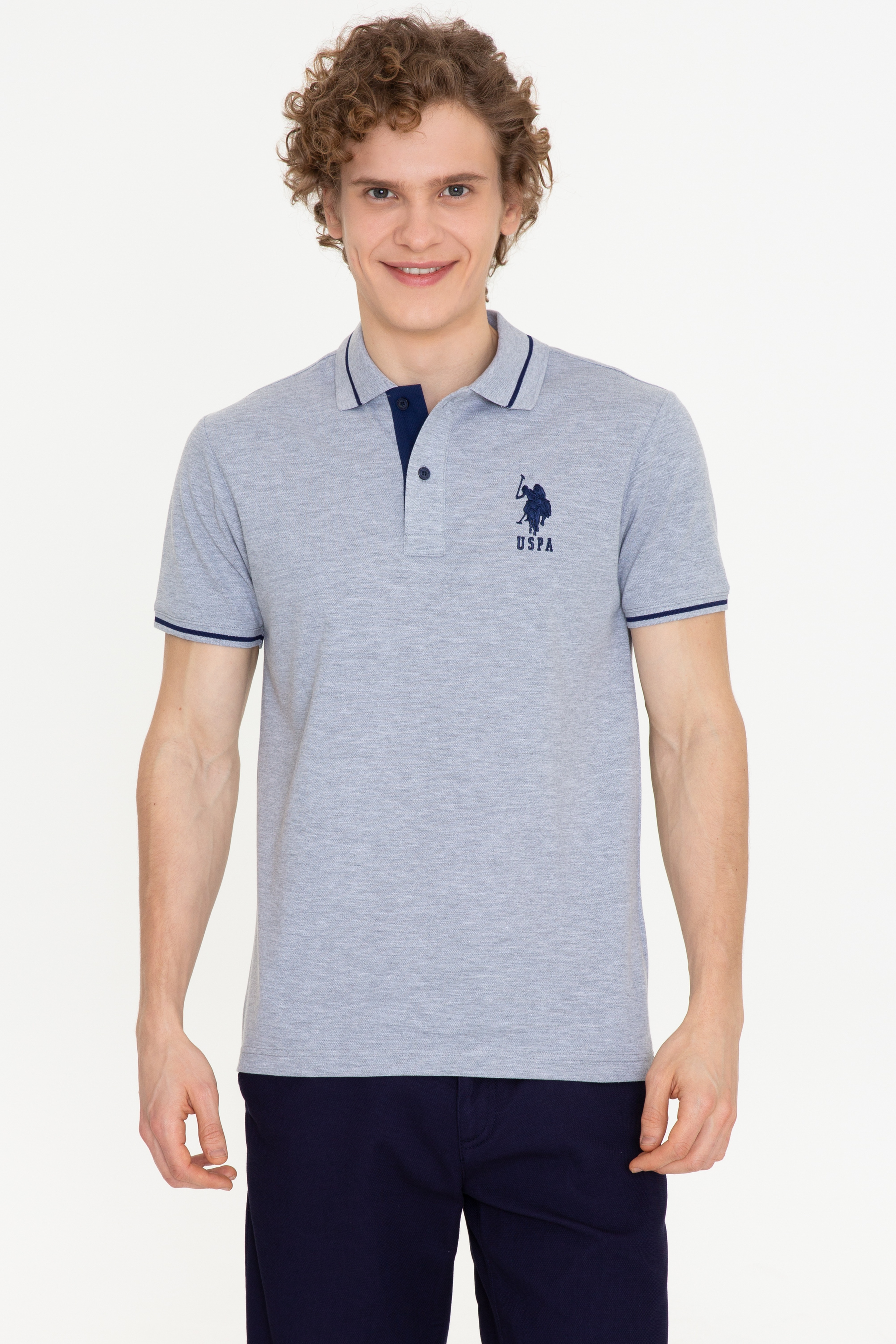 Erkek Gri Melanj Polo Yaka Basic T-Shirt - Image 1