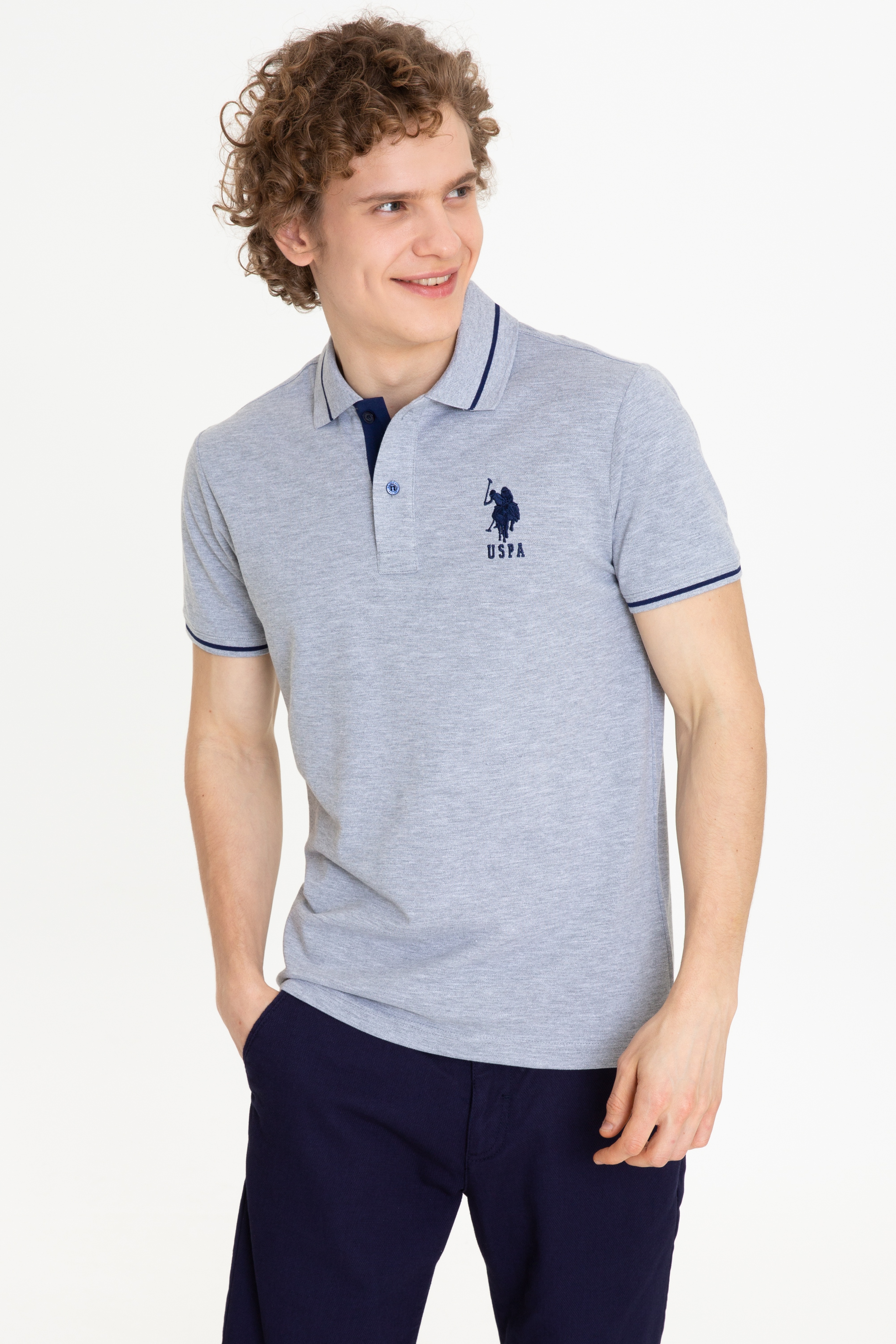 Erkek Gri Melanj Polo Yaka Basic T-Shirt
