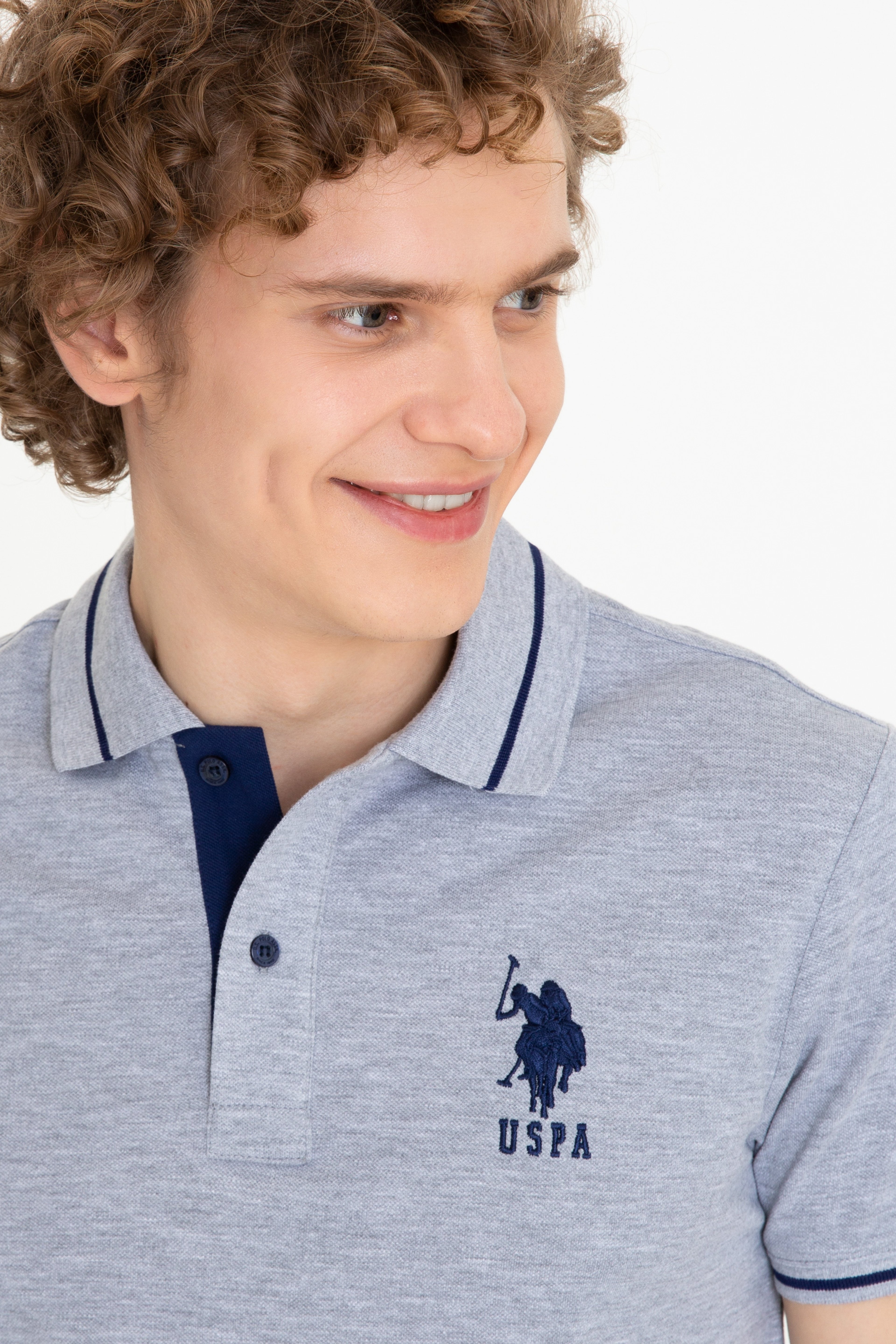 Erkek Gri Melanj Polo Yaka Basic T-Shirt