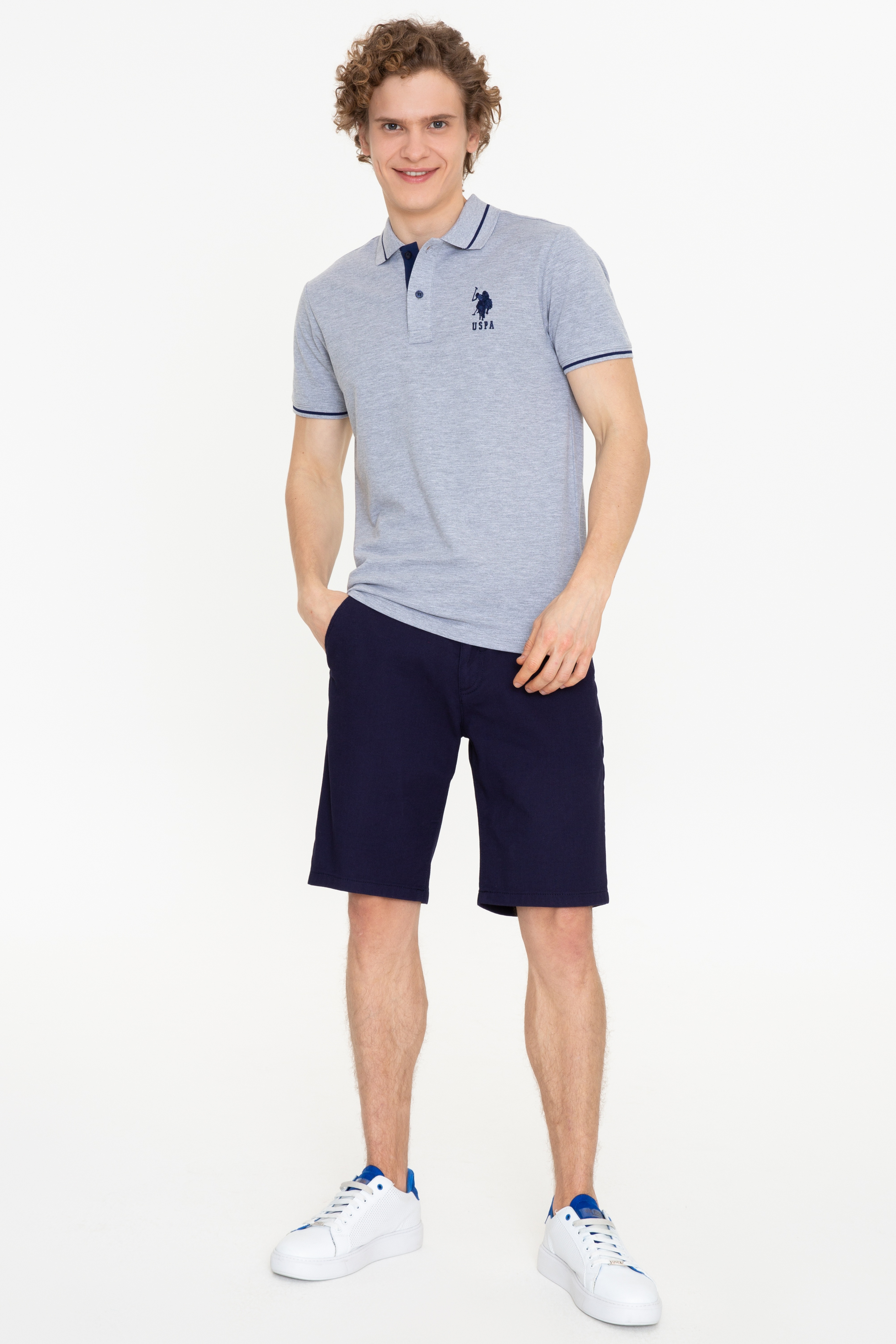 Erkek Gri Melanj Polo Yaka Basic T-Shirt - Image 5