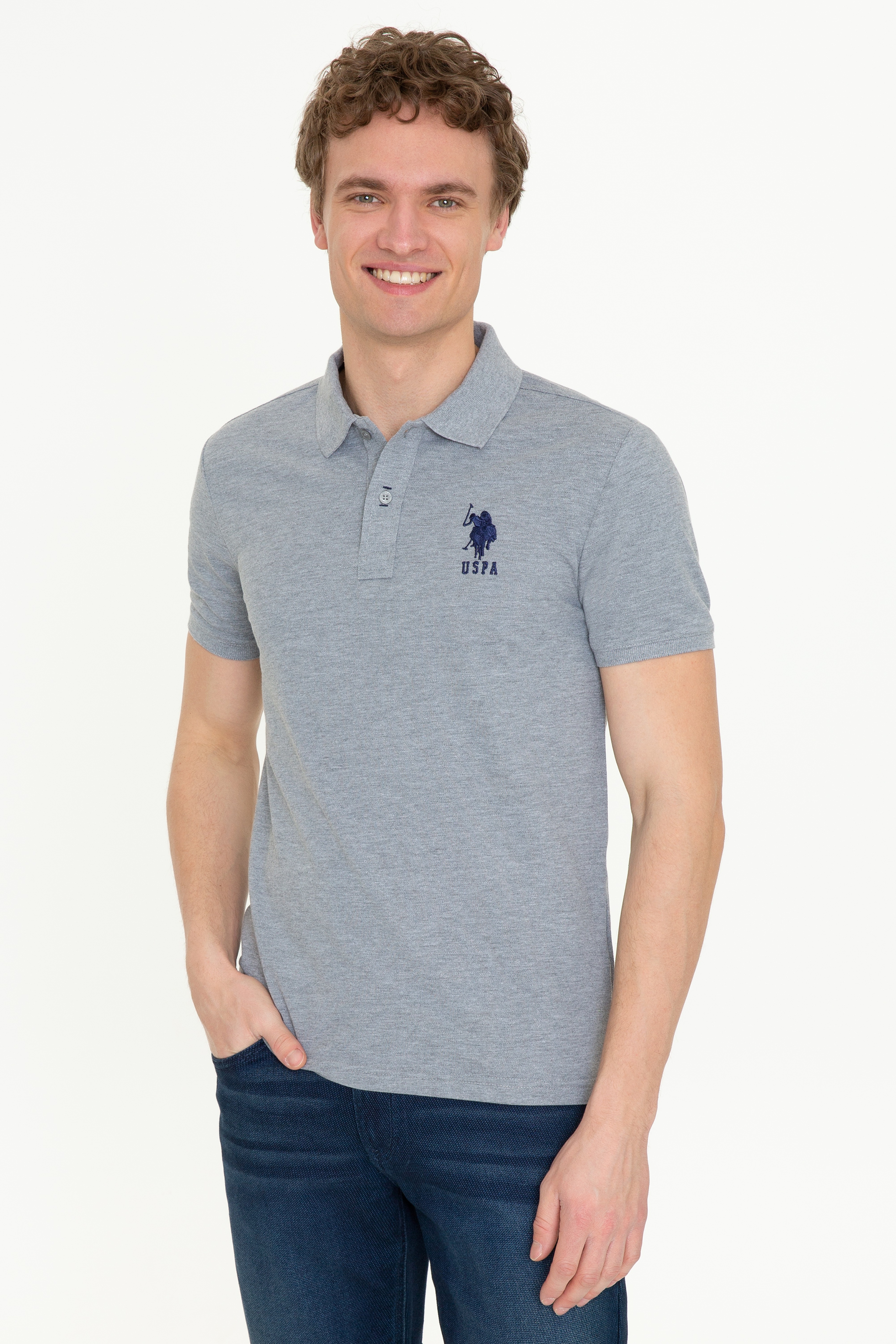 Erkek Gri Melanj Polo Yaka T-Shirt - Image 3