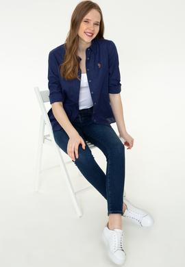 Kadın Lacivert Keten Görünümlü Uzun Kollu Basic Gömlek - 50246464062