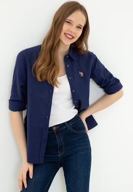 Kadın Lacivert Keten Görünümlü Uzun Kollu Basic Gömlek - 50246464062