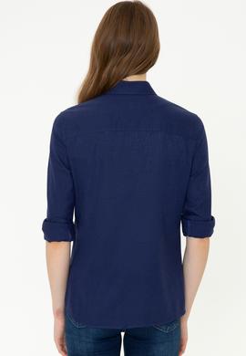 Kadın Lacivert Keten Görünümlü Uzun Kollu Basic Gömlek - 50246464062