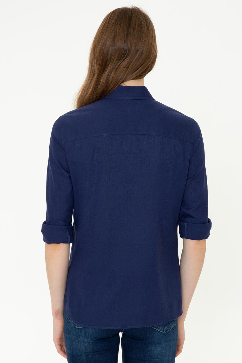 Kadın Lacivert Keten Görünümlü Uzun Kollu Basic Gömlek - 50246464062