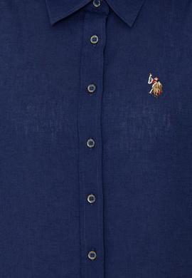 Kadın Lacivert Keten Görünümlü Uzun Kollu Basic Gömlek - 50246464062