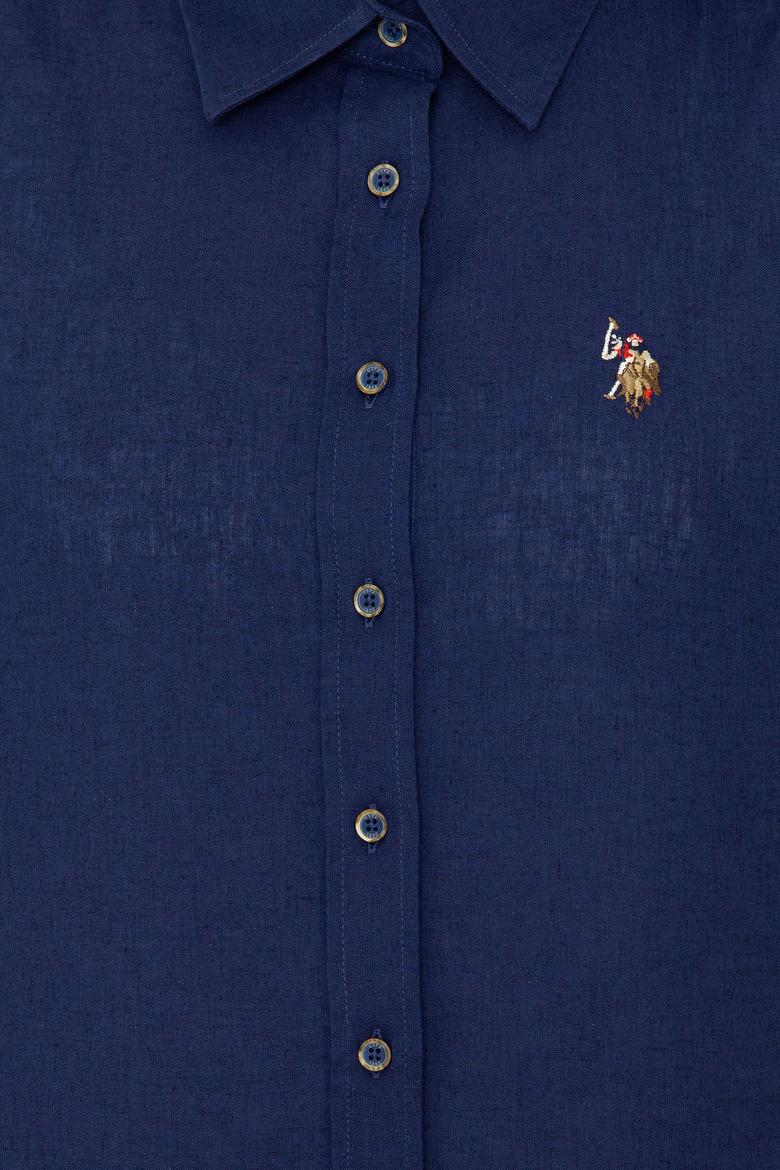 Kadın Lacivert Keten Görünümlü Uzun Kollu Basic Gömlek - 50246464062