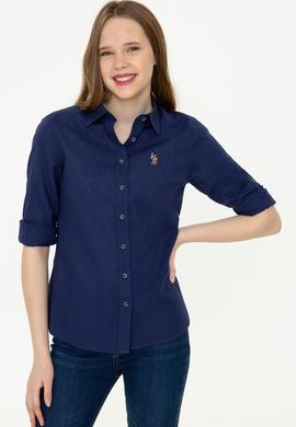 Kadın Lacivert Keten Görünümlü Uzun Kollu Basic Gömlek - 50246464062