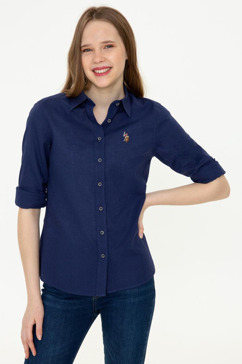 Kadın Lacivert Keten Görünümlü Uzun Kollu Basic Gömlek - 50246464062