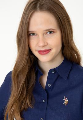 Kadın Lacivert Keten Görünümlü Uzun Kollu Basic Gömlek - 50246464062