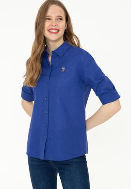 Kadın Mavi Keten Görünümlü Uzun Kollu Basic Gömlek - 50246464084