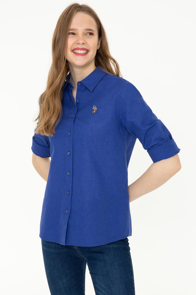 Kadın Mavi Keten Görünümlü Uzun Kollu Basic Gömlek - 50246464084