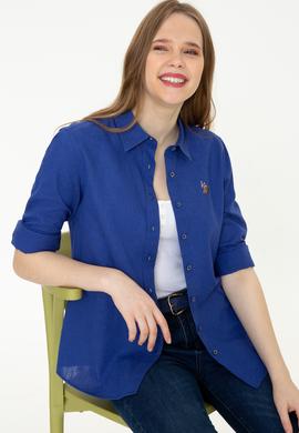 Kadın Mavi Keten Görünümlü Uzun Kollu Basic Gömlek - 50246464084